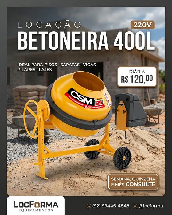 Publicação do Instagram da LocForma sobre a locação da betoneira de 400 litros